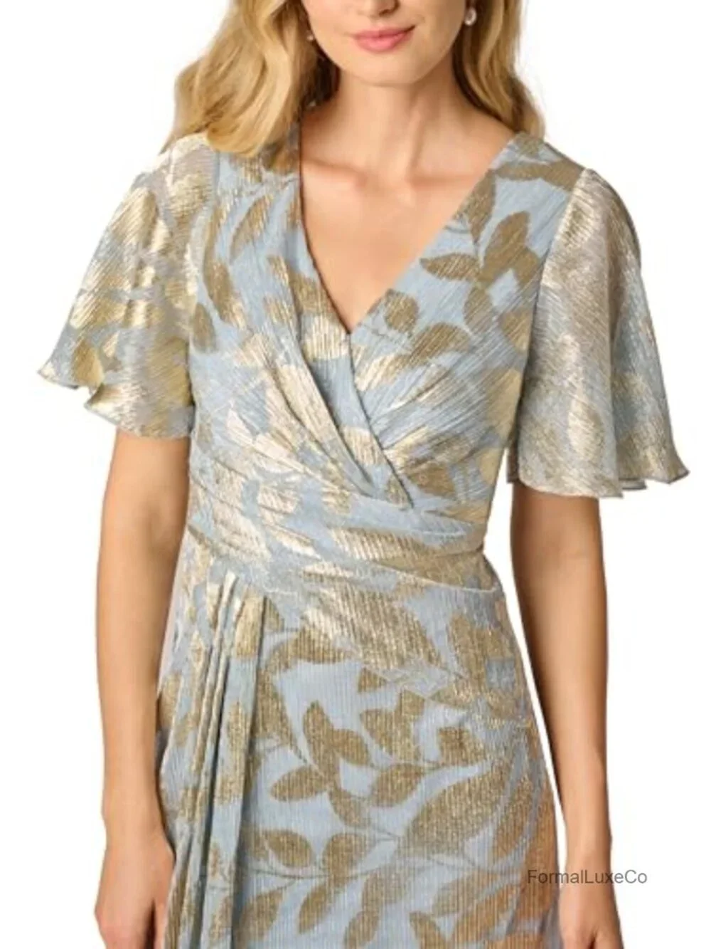 Foil Leaf Draped Gown Maxi Formal Dress Metallic Knit Surplice Neck Short